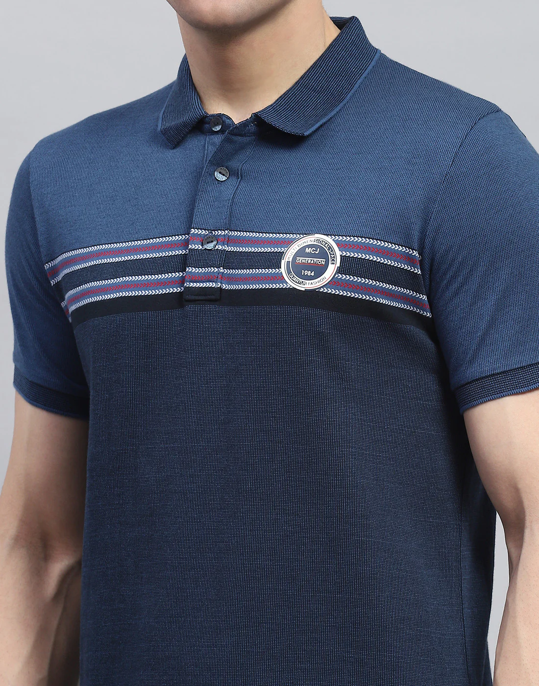 Men Navy Blue Stripe Polo Collar Half Sleeve T-Shirt - Image 7