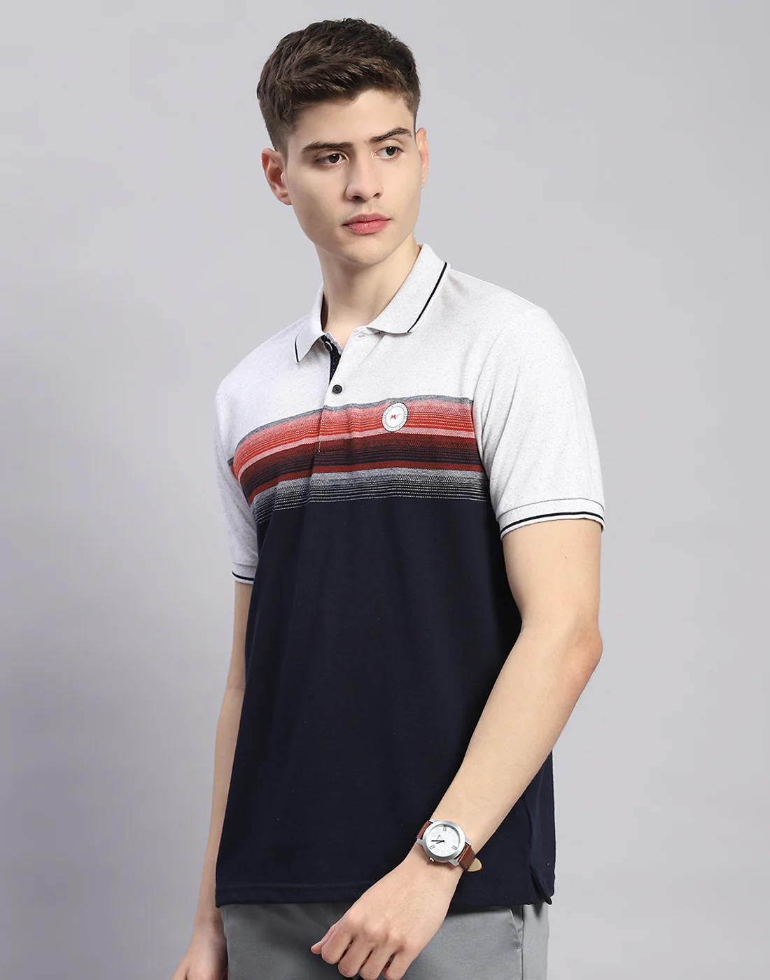 Men Navy Blue Stripe Polo Collar Half Sleeve T-Shirt - Image 4