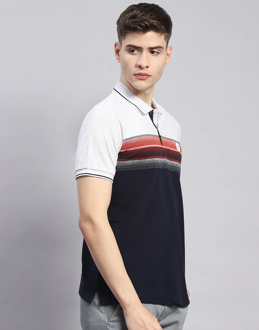 Men Navy Blue Stripe Polo Collar Half Sleeve T-Shirt - Image 5