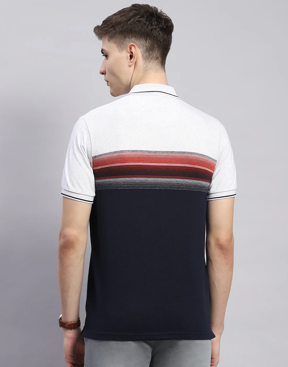 Men Navy Blue Stripe Polo Collar Half Sleeve T-Shirt - Image 6