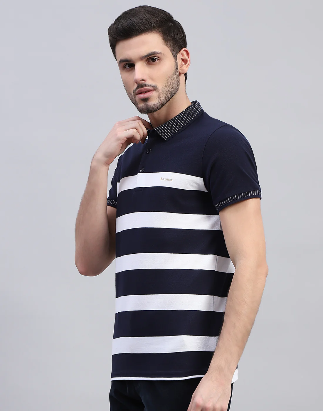 Men Navy Blue Stripe Polo Collar Half Sleeve T-Shirt - Image 4