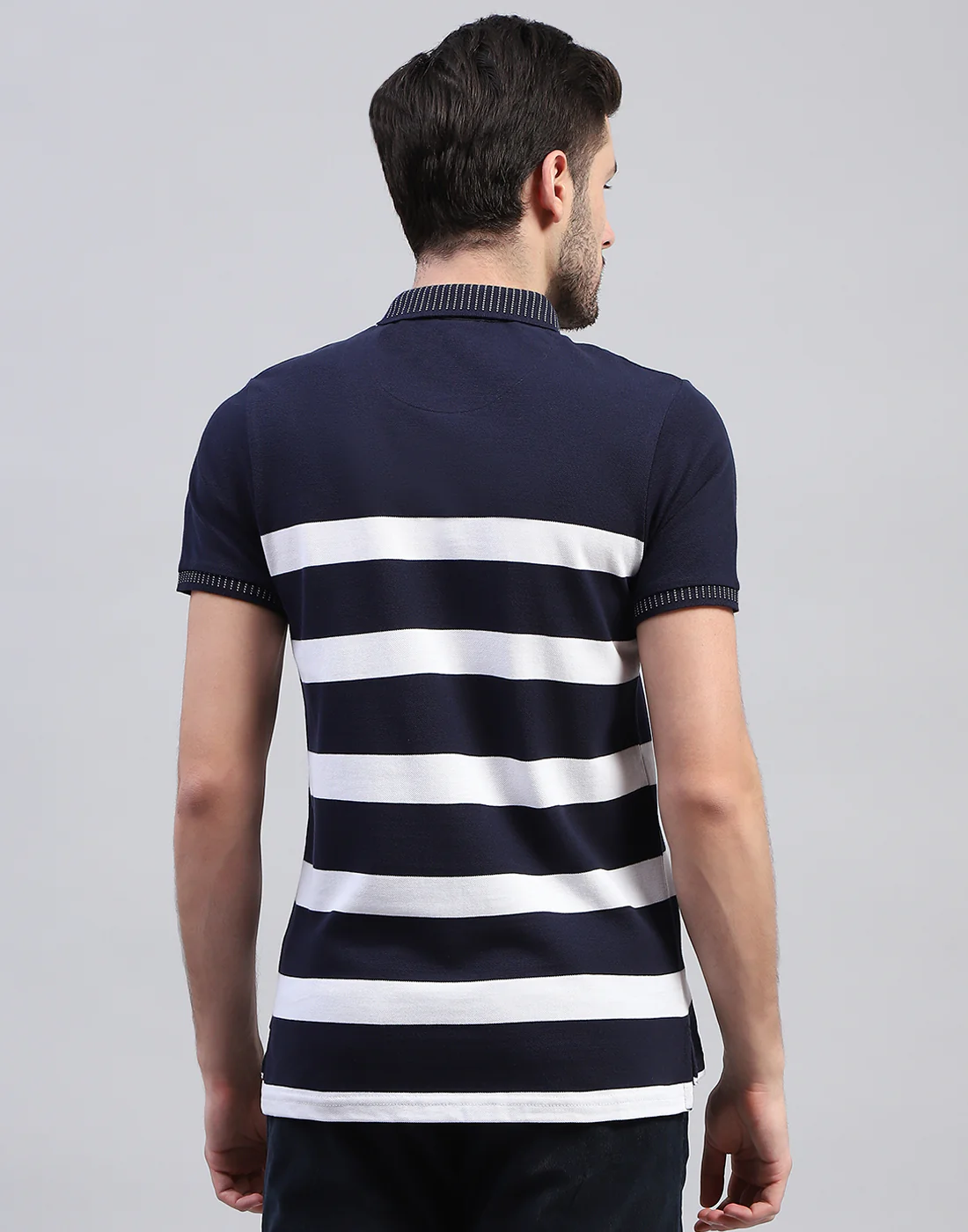 Men Navy Blue Stripe Polo Collar Half Sleeve T-Shirt - Image 5