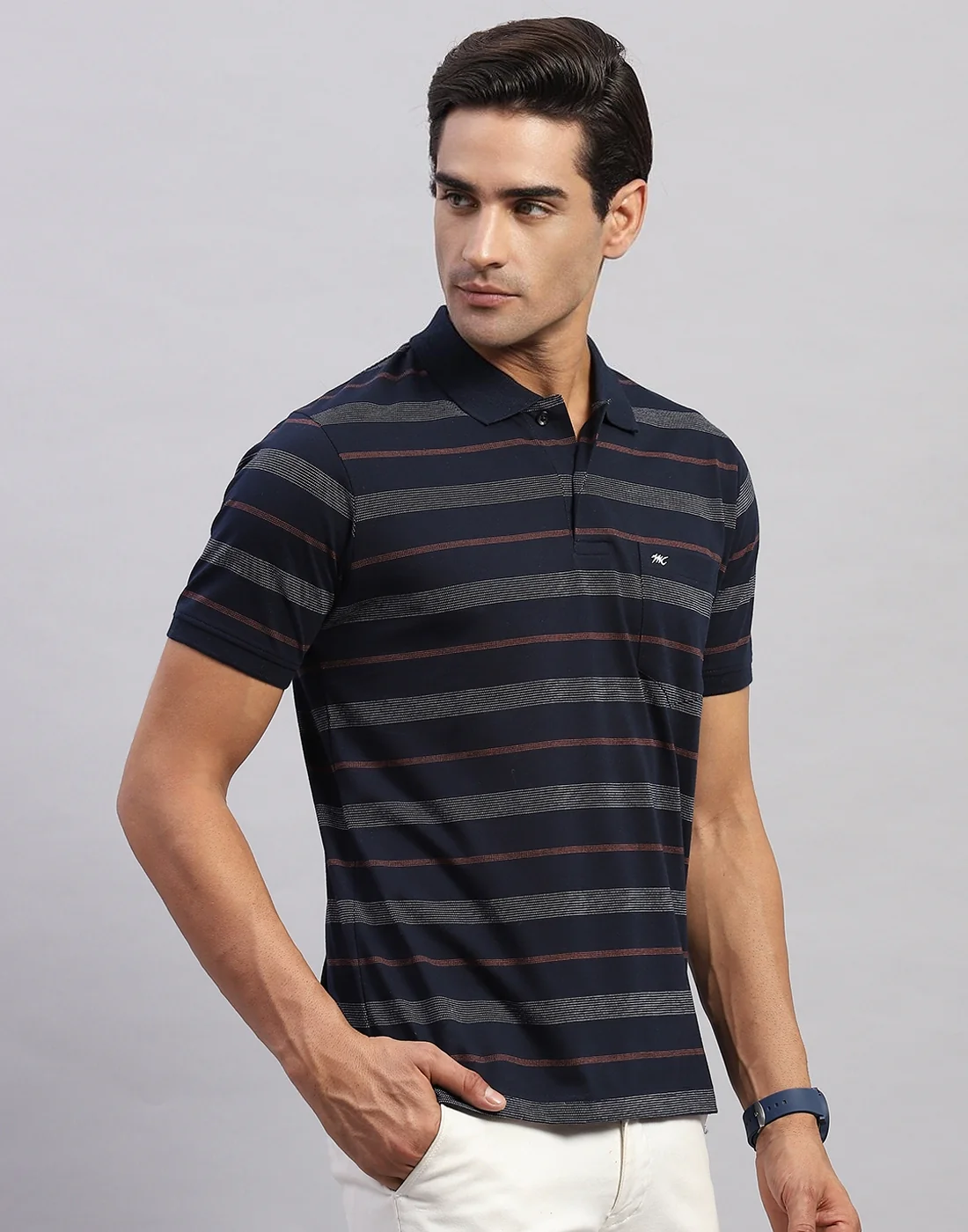 Men Navy Blue Stripe Polo Collar Half Sleeve T-Shirt - Image 4