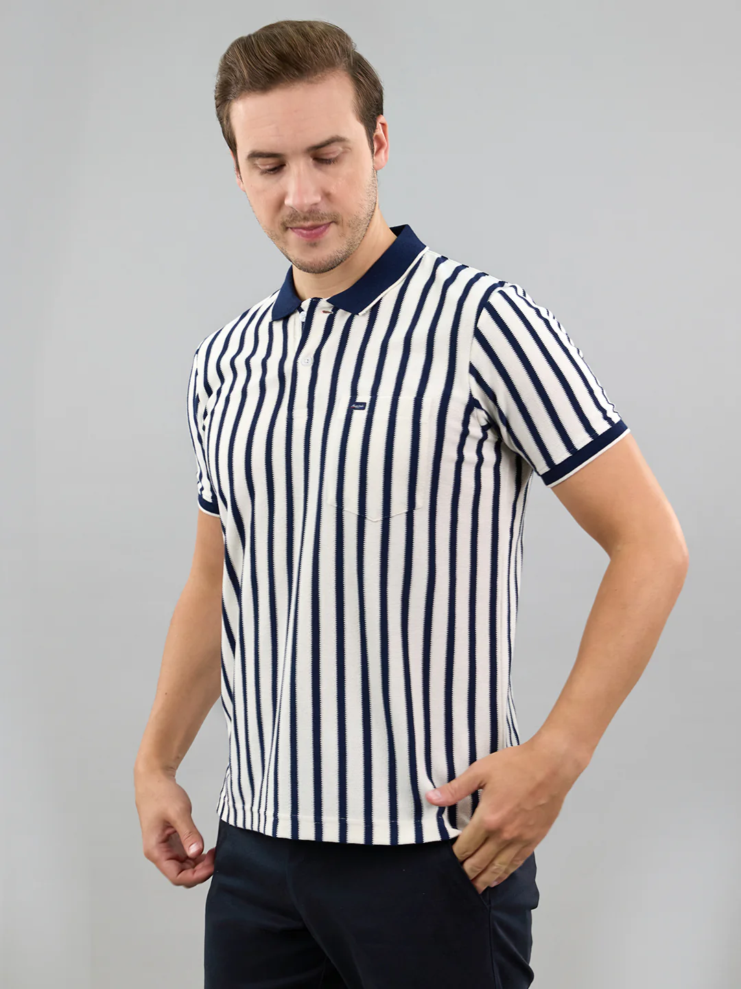 Men Navy Blue Stripe Polo Collar Half Sleeve T-Shirt - Image 2