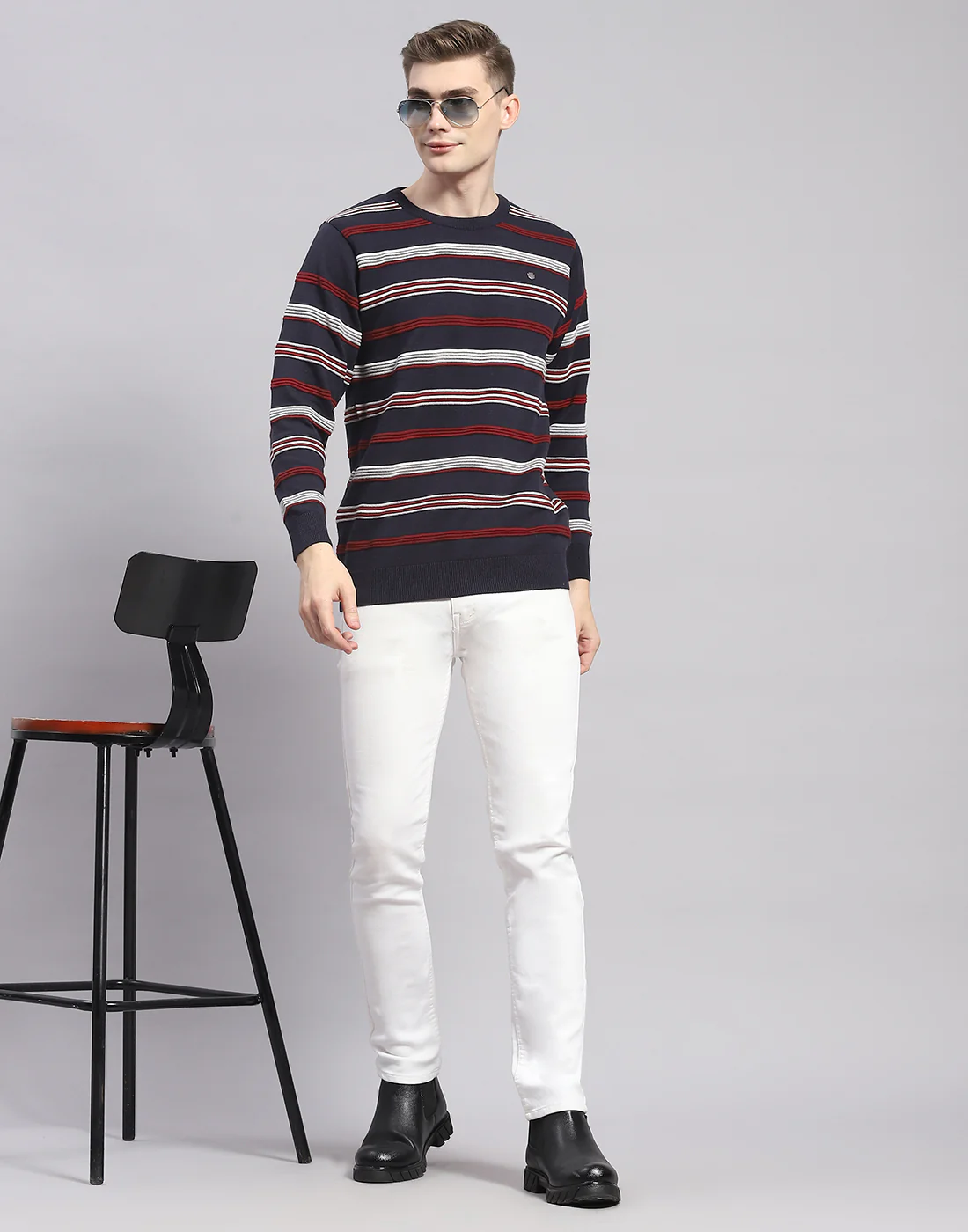 Men Navy Blue Stripe Round Neck Full Sleeve Pullover - Image 2