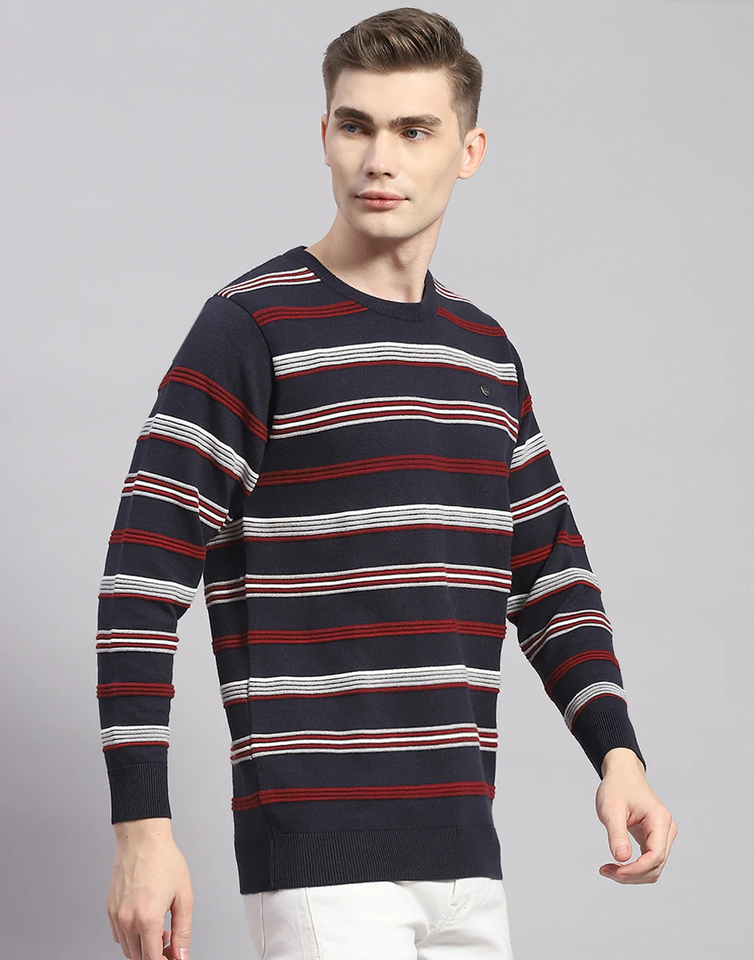 Men Navy Blue Stripe Round Neck Full Sleeve Pullover - Image 4