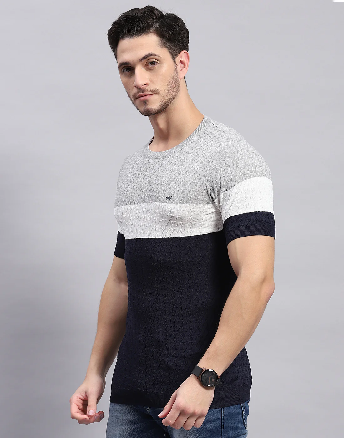 Men Navy Blue Stripe Round Neck Half Sleeve T-Shirt - Image 3