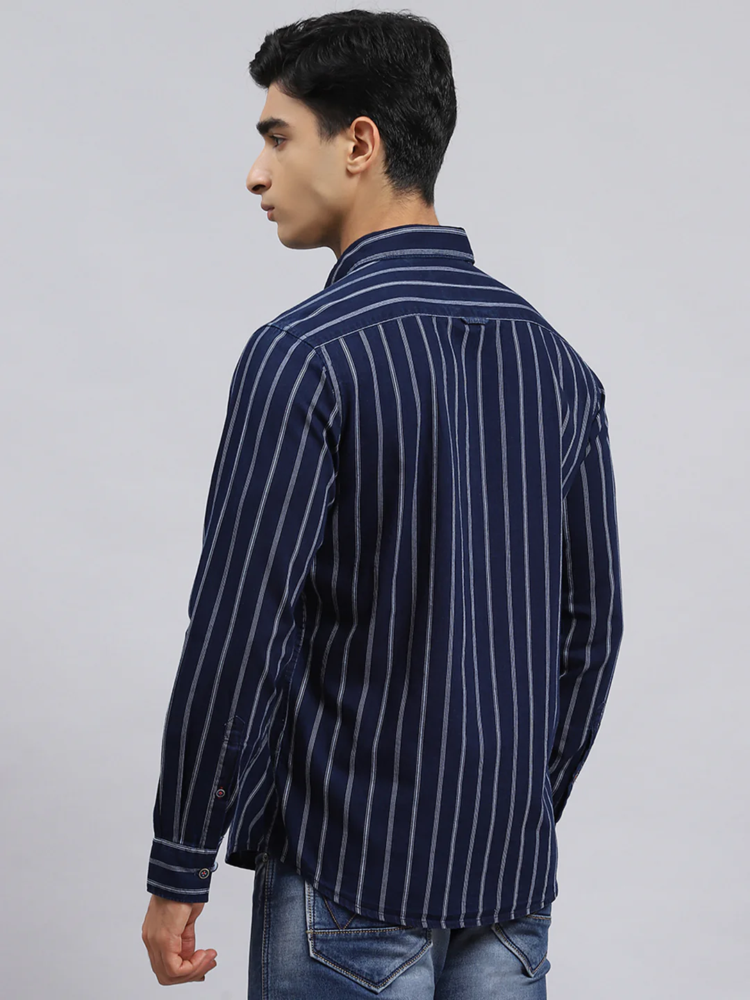Men Navy Blue Stripe Shirt - Image 5