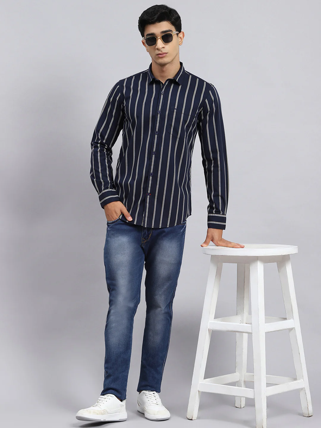 Men Navy Blue Stripe Shirt - Image 2