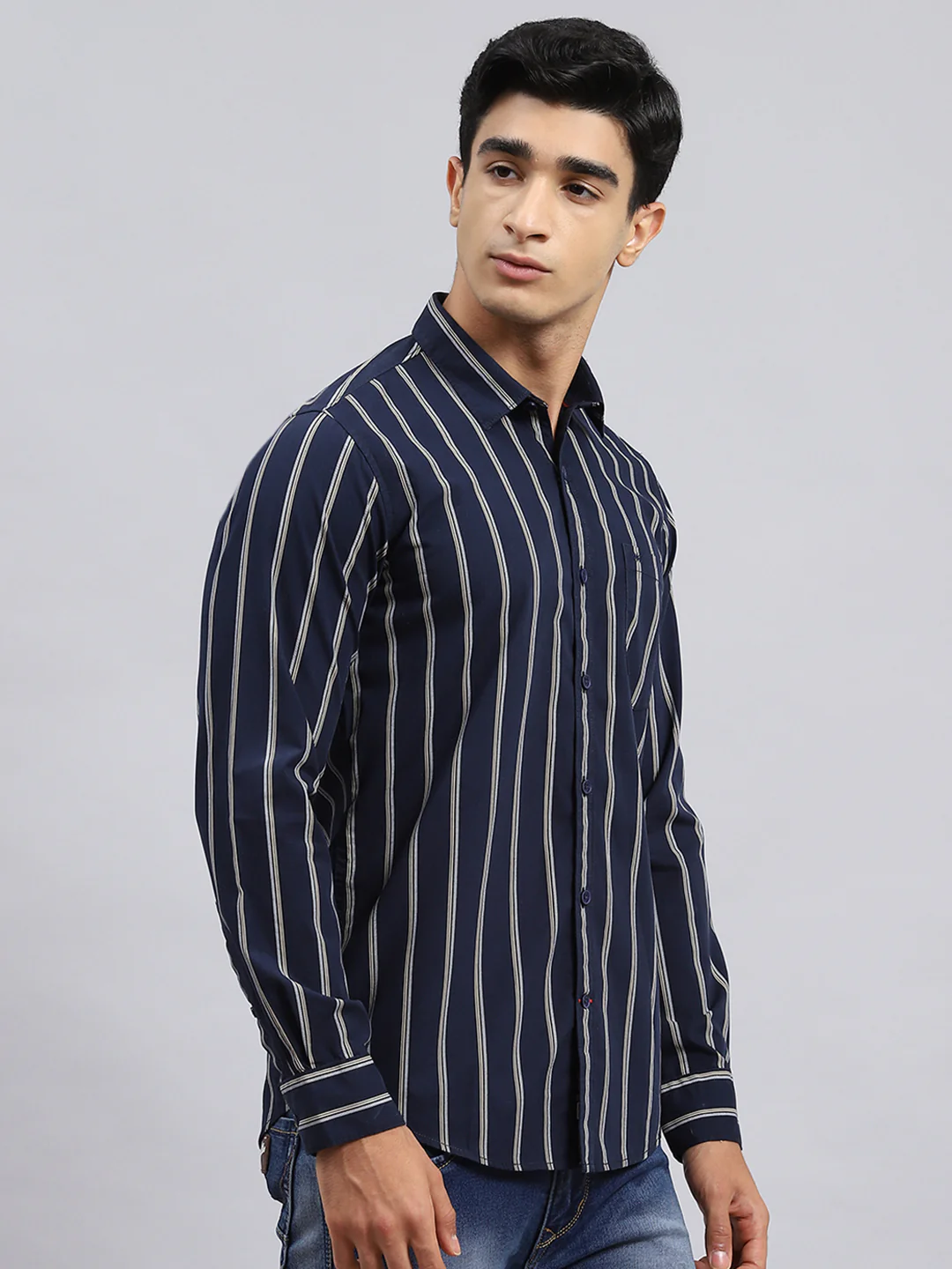 Men Navy Blue Stripe Shirt - Image 3
