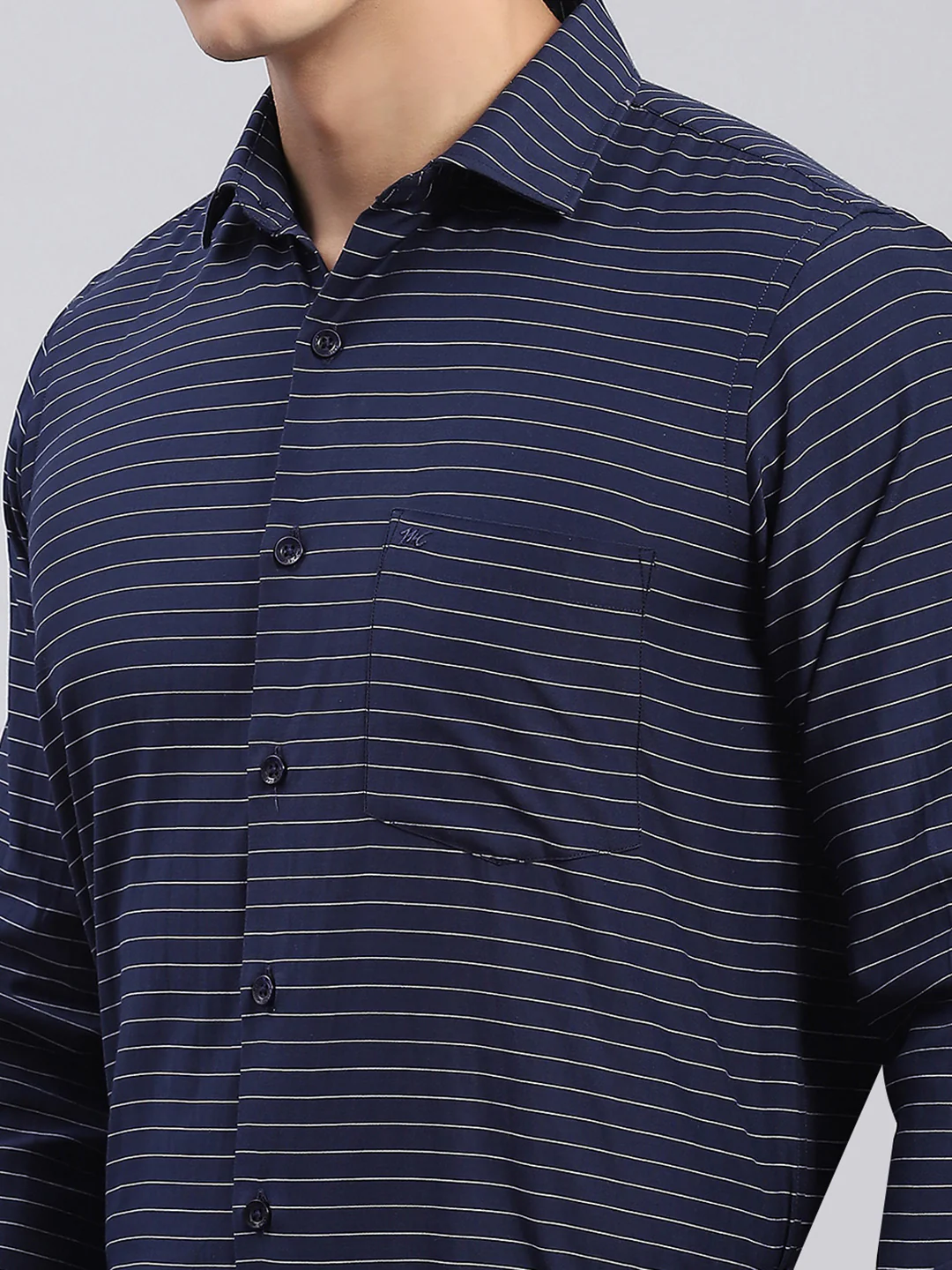 Men Navy Blue Stripe Spread Collar Full Sleeve Shirts - Image 6