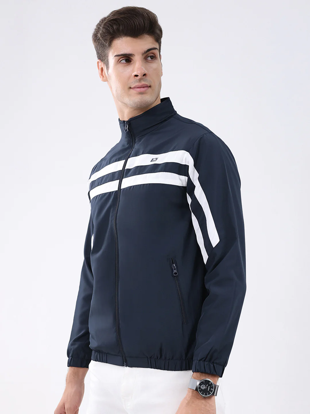 Men Navy Blue Stripe Stand Collar Full Sleeve Jacket - Image 3