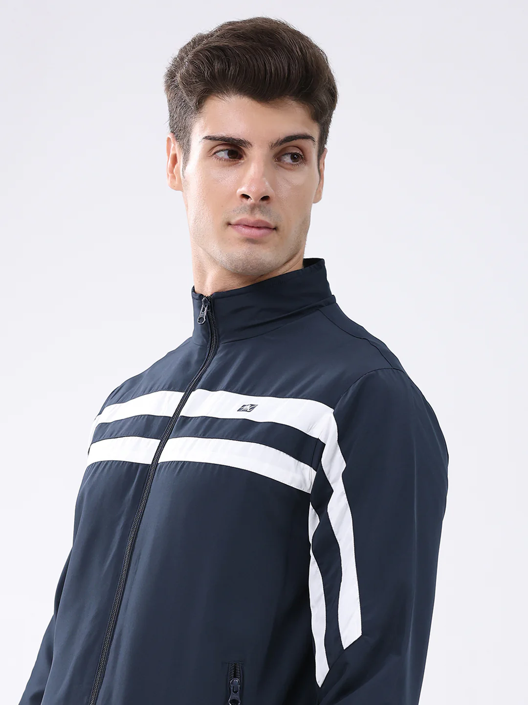 Men Navy Blue Stripe Stand Collar Full Sleeve Jacket - Image 7