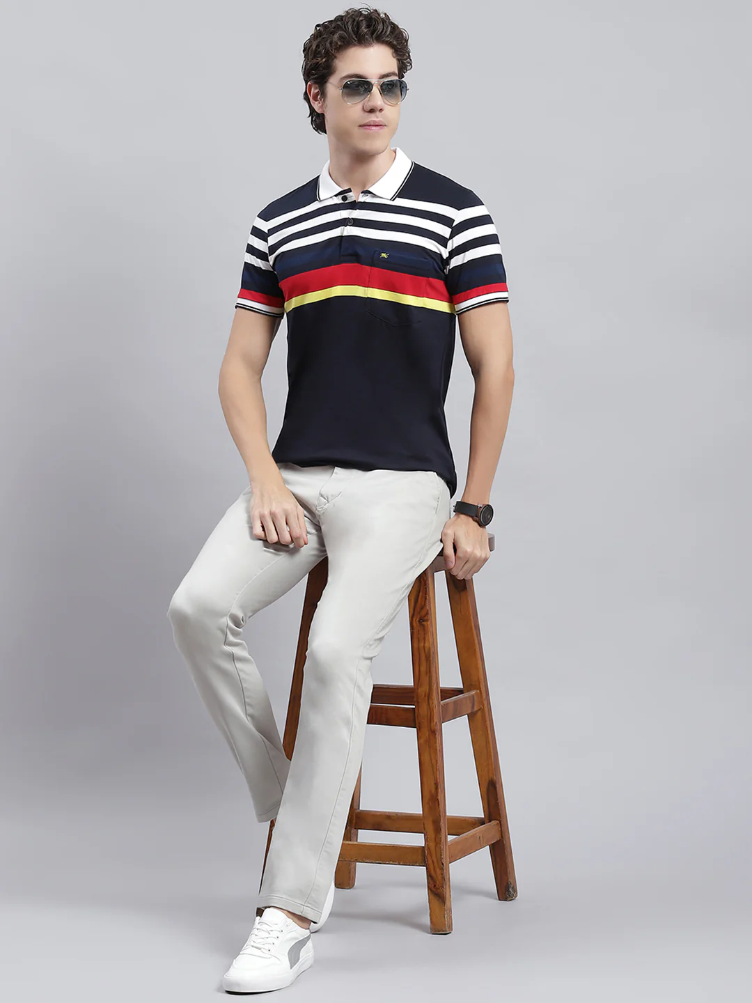 Men Navy Blue Stripe T-Shirt - Image 2