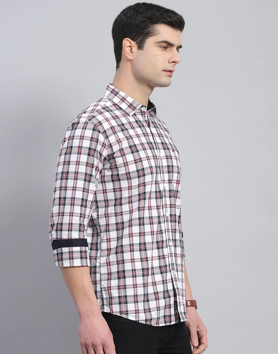 Men Off White Check Collar Full Sleeve Shirt - Image 5