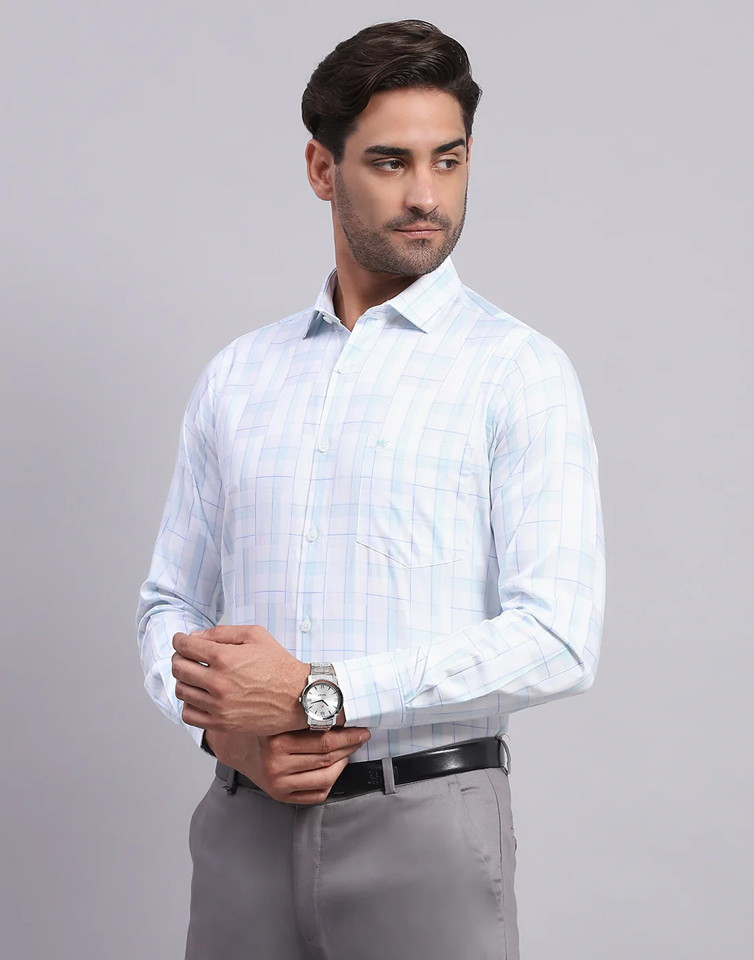 Men Off White Check Collar Full Sleeve Shirt - Image 3