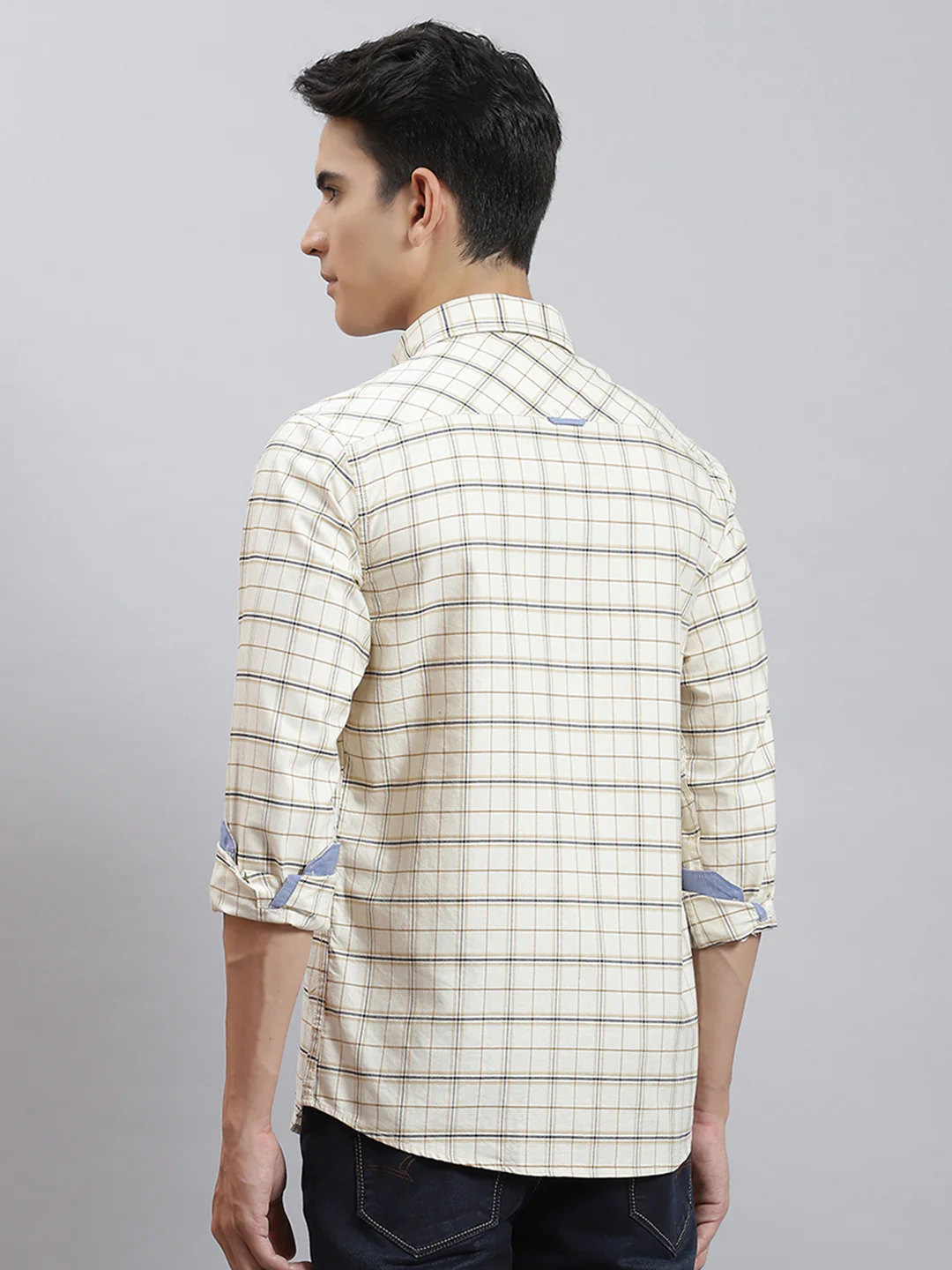 Men Off White Check Collar Full Sleeve Shirts - Image 5