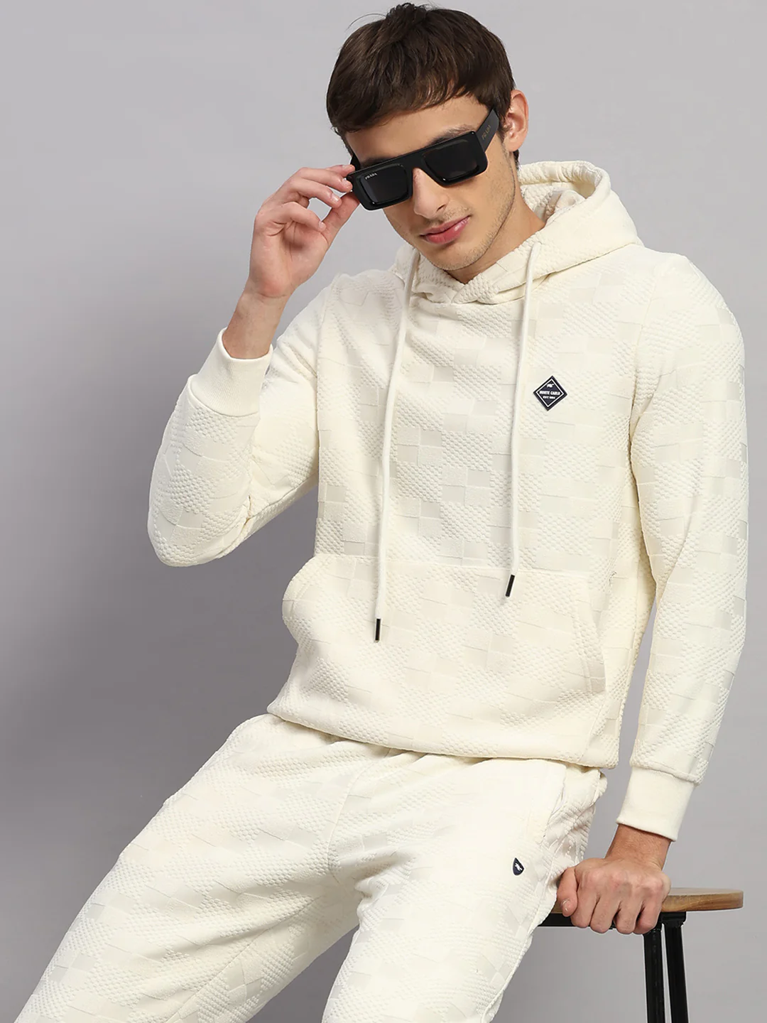 Men Off White Jaquard Collar Full Sleeve Winter Tracksuit - Image 6