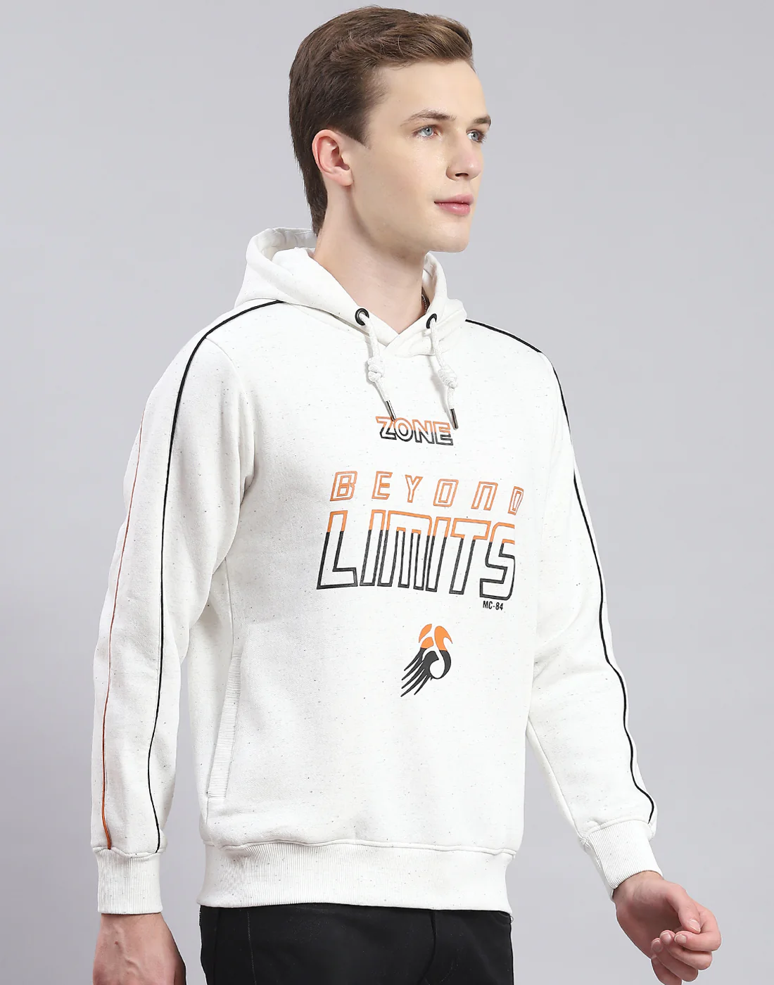 Men Off White Printed Hooded Full Sleeve Sweatshirt - Image 4