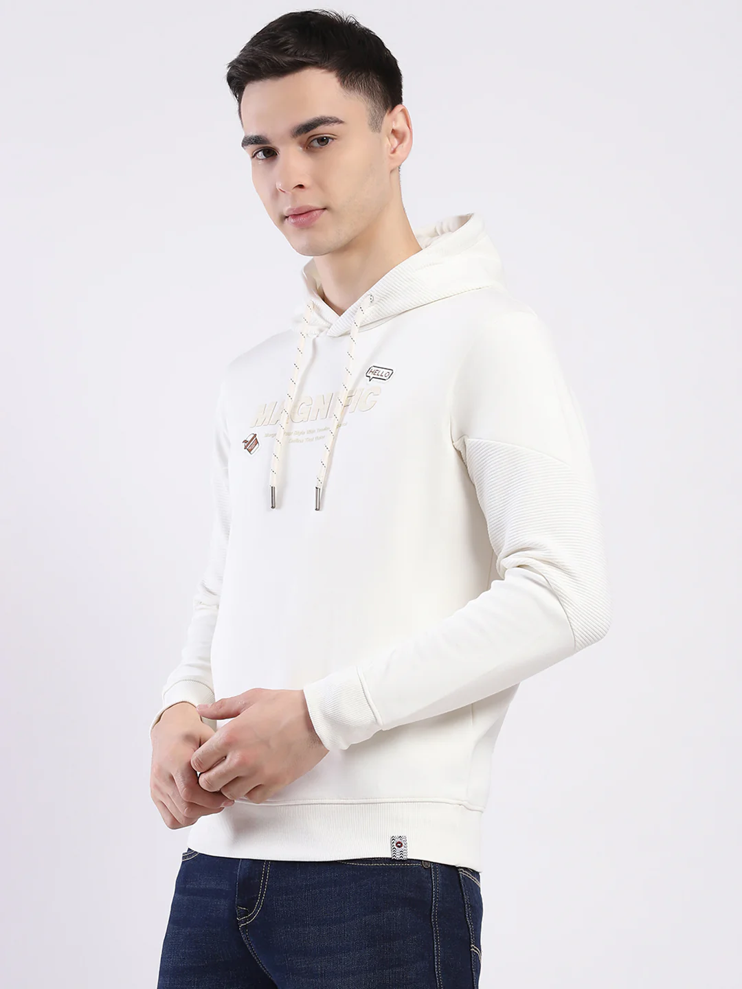 Men Off White Printed Hooded Full Sleeve Sweatshirt - Image 3