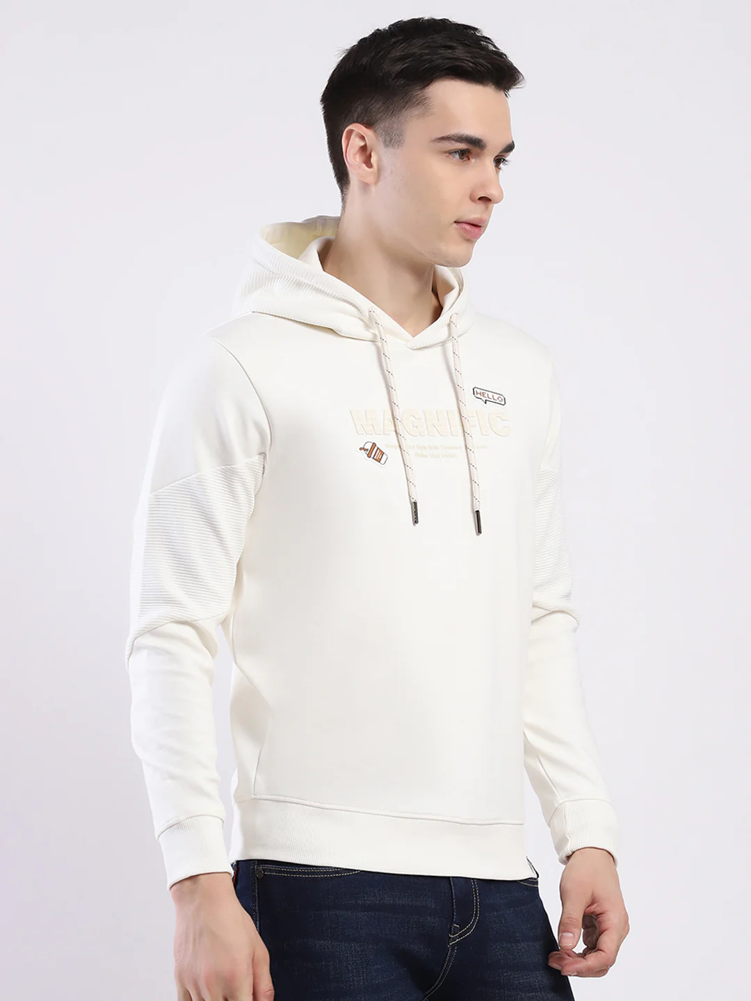 Men Off White Printed Hooded Full Sleeve Sweatshirt - Image 4