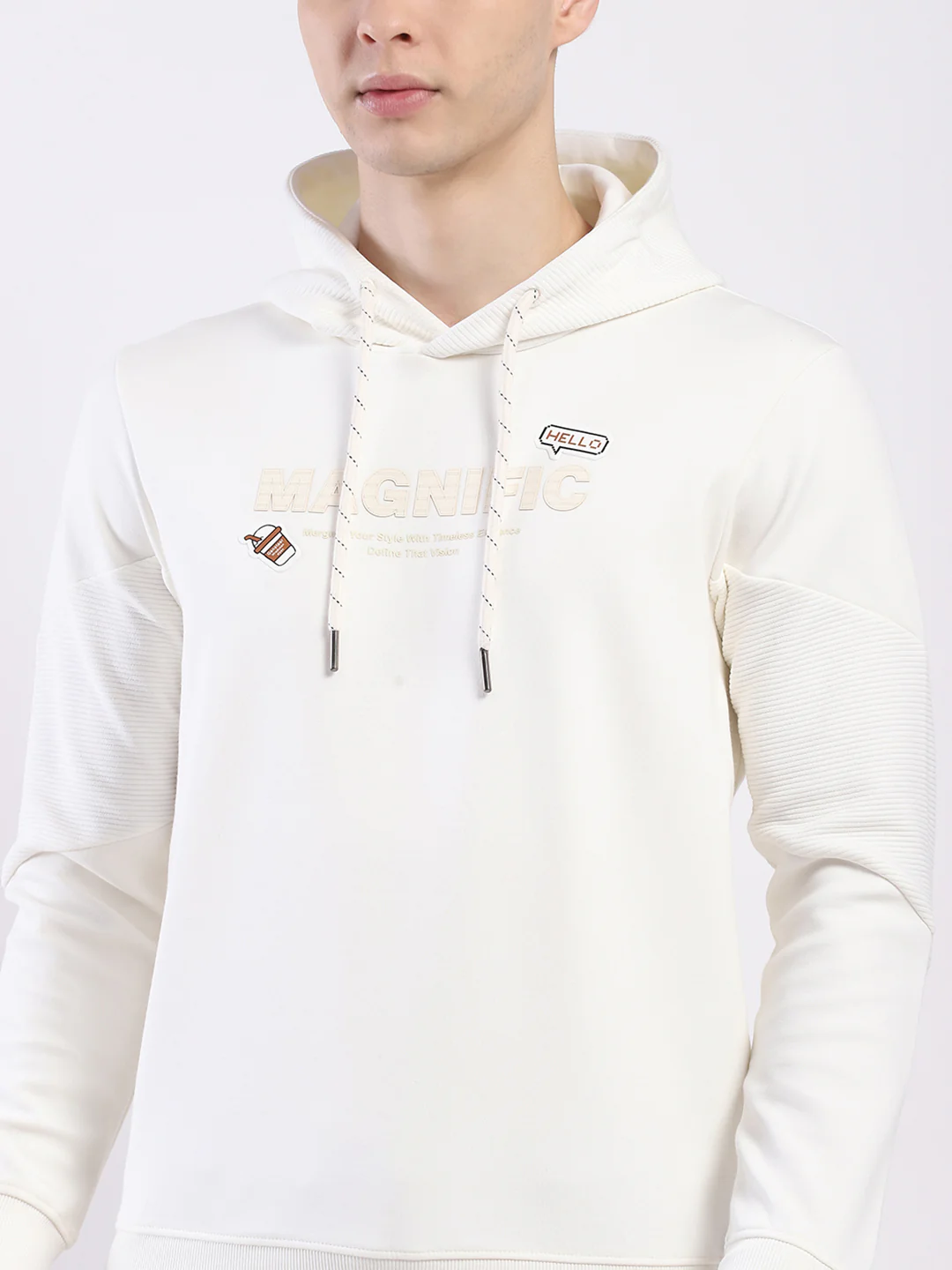 Men Off White Printed Hooded Full Sleeve Sweatshirt - Image 7