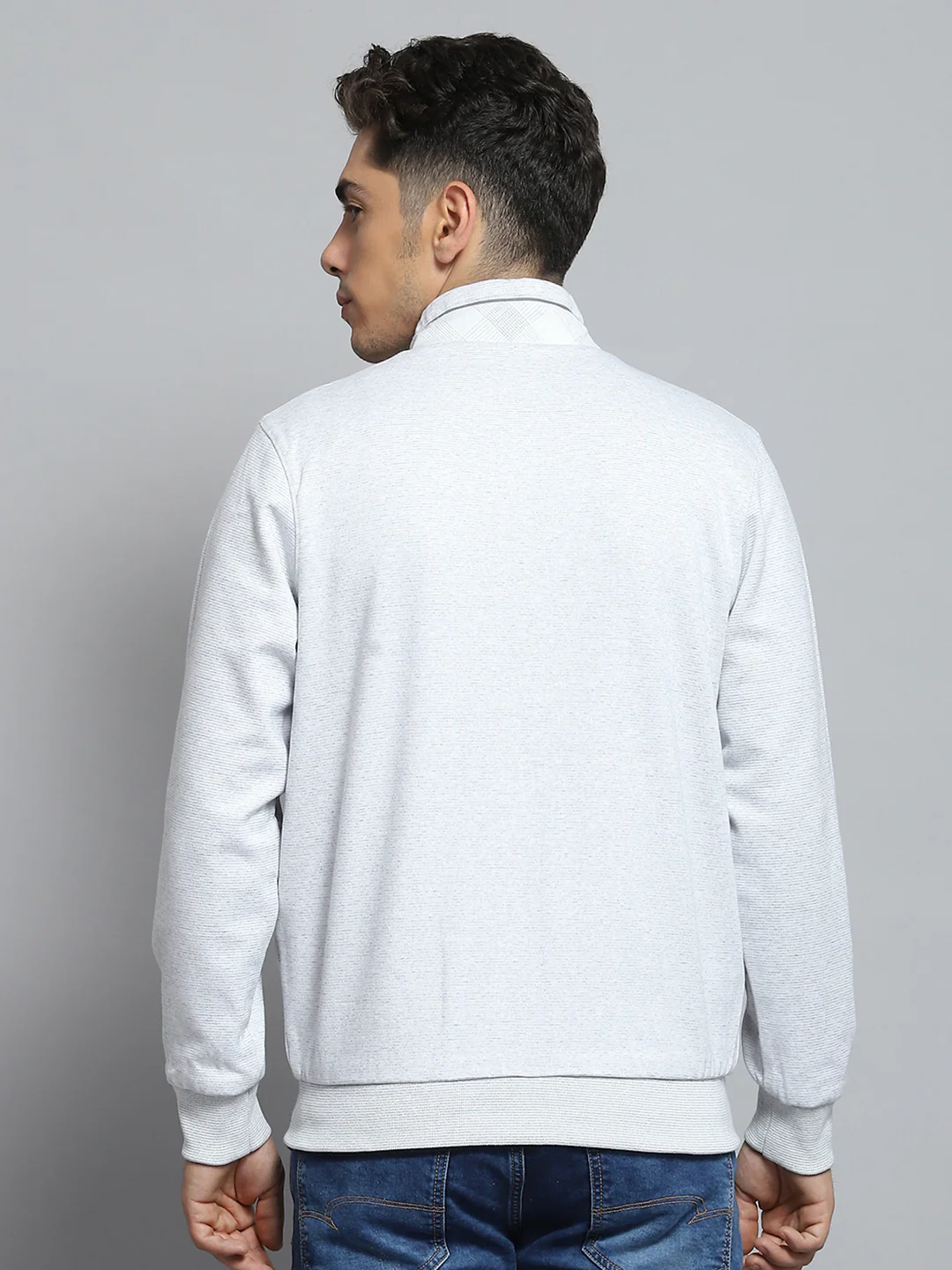 Men Off White Printed Mock Neck Full Sleeve Knitted Reversible Jacket - Image 8