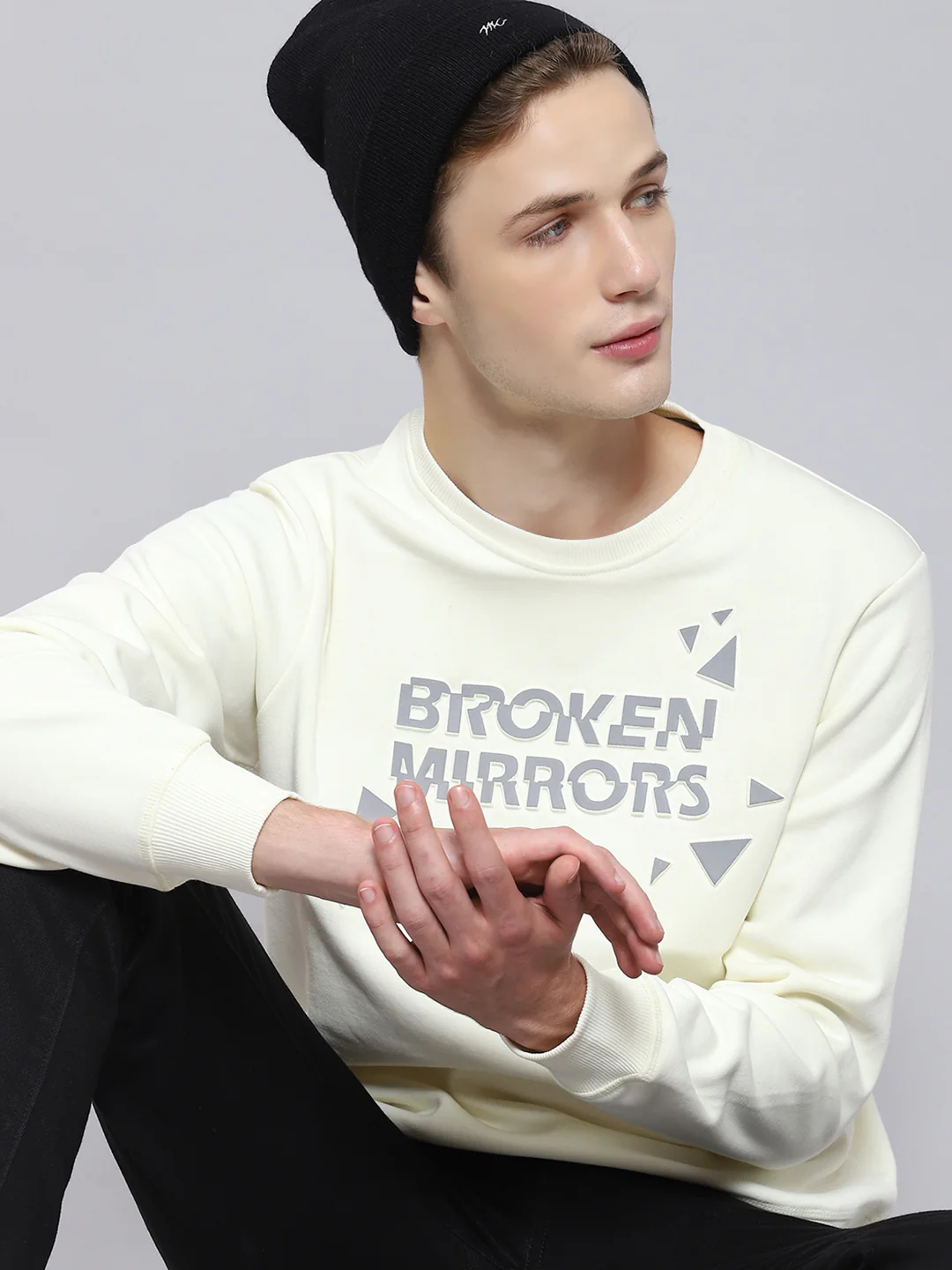 Men Off White Printed Round Neck Full Sleeve Sweatshirt - Image 2
