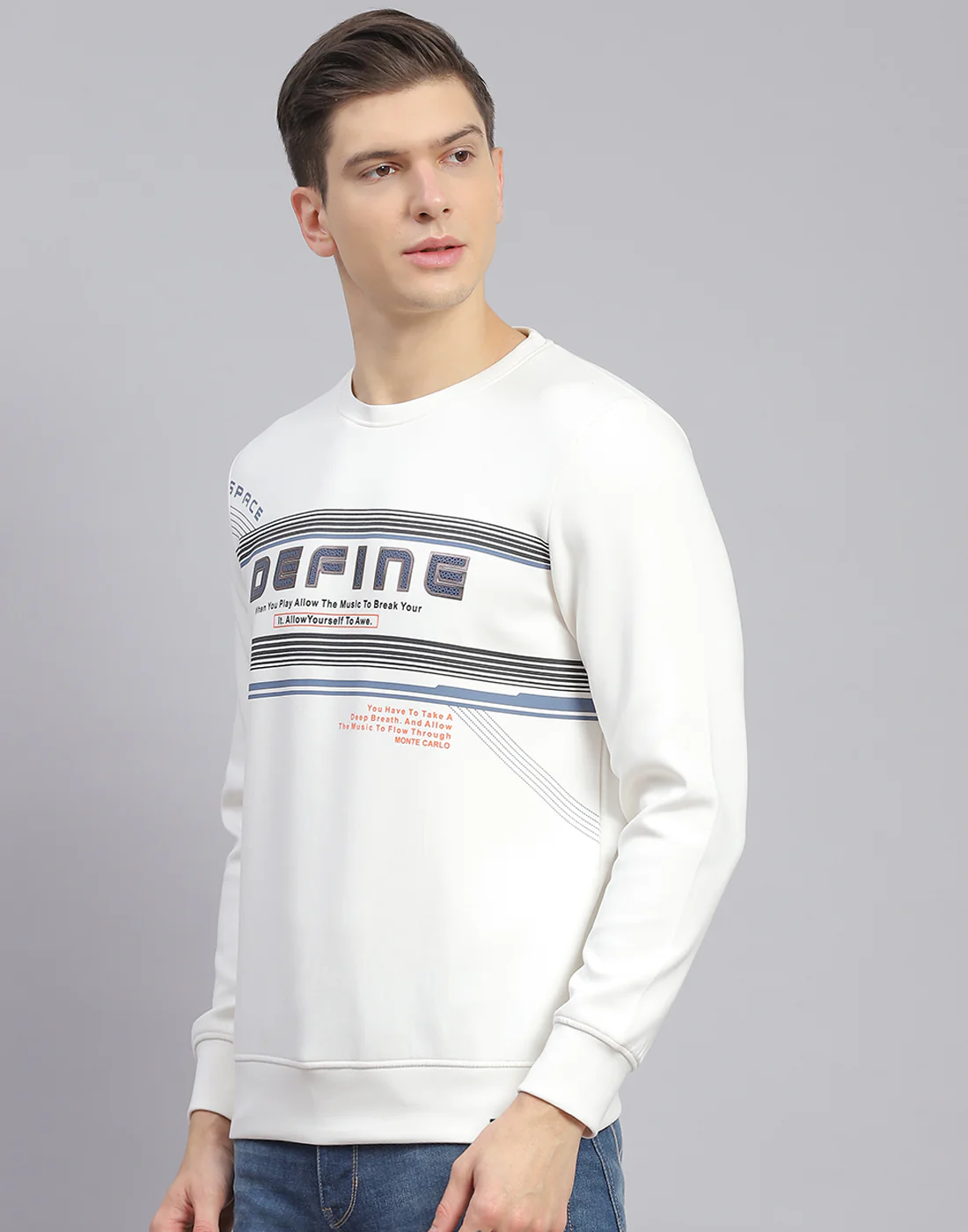 Men Off White Printed Round Neck Full Sleeve Sweatshirt - Image 4