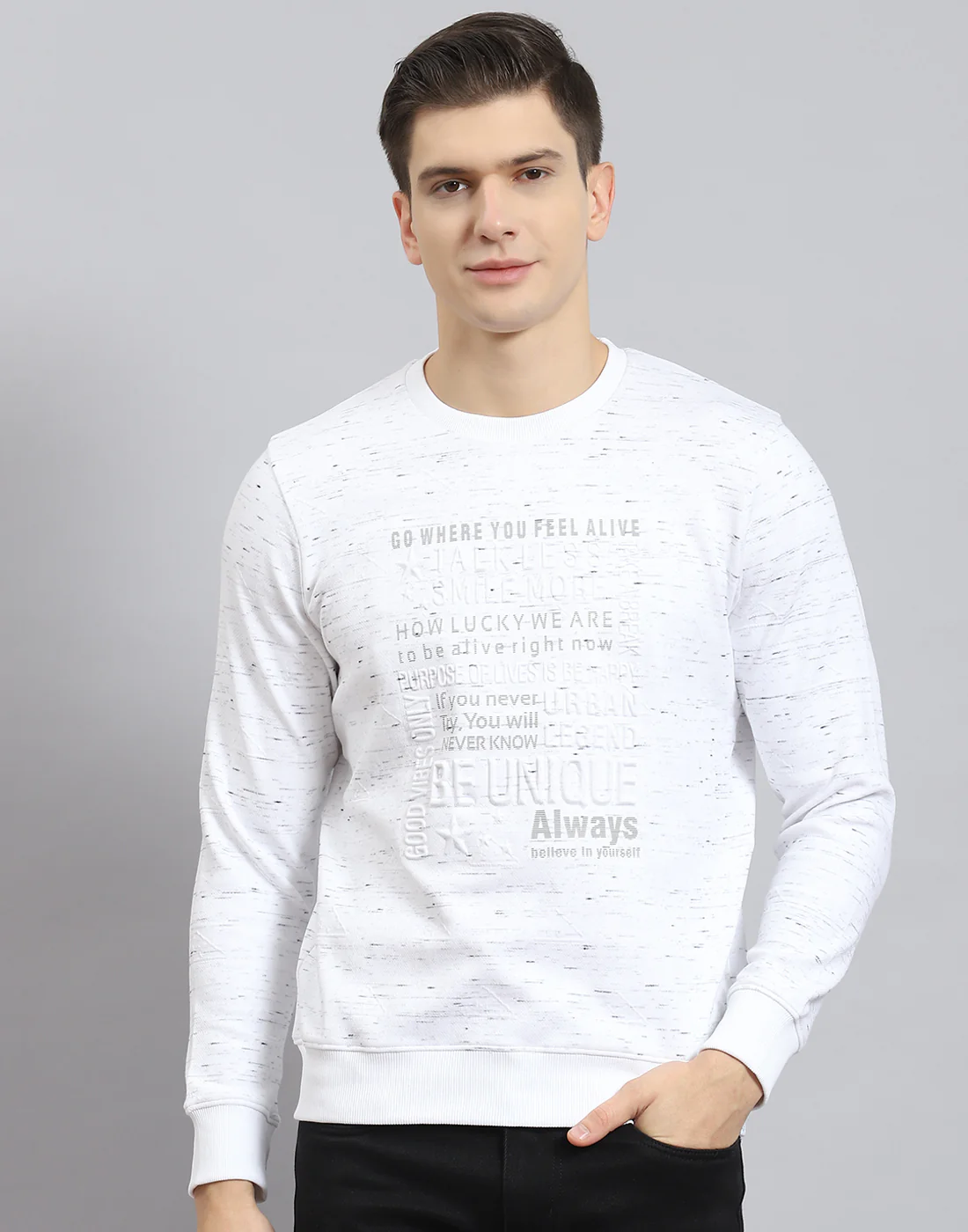 Men Off White Printed Round Neck Full Sleeve Sweatshirt - Image 3