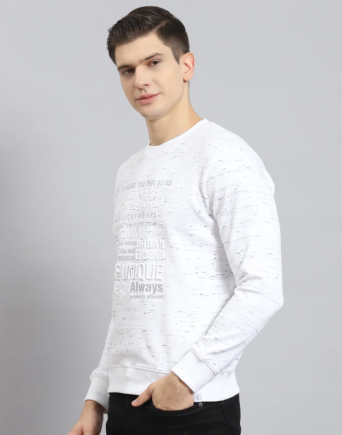 Men Off White Printed Round Neck Full Sleeve Sweatshirt - Image 4