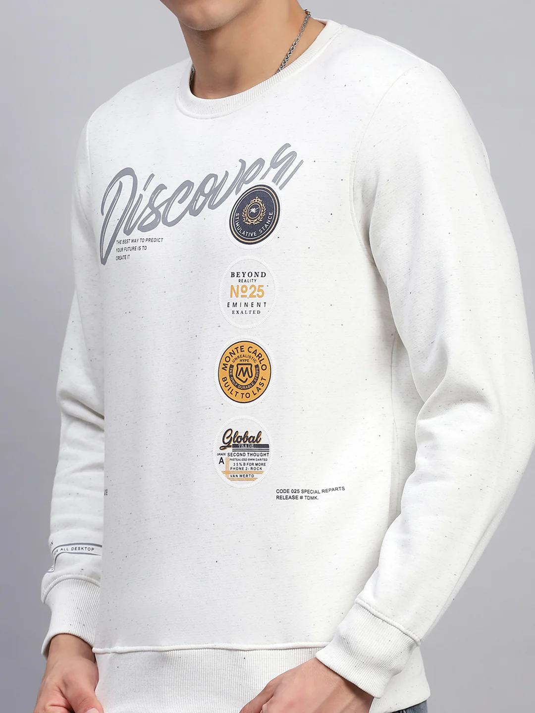 Men Off White Printed Round Neck Full Sleeve Sweatshirt - Image 6