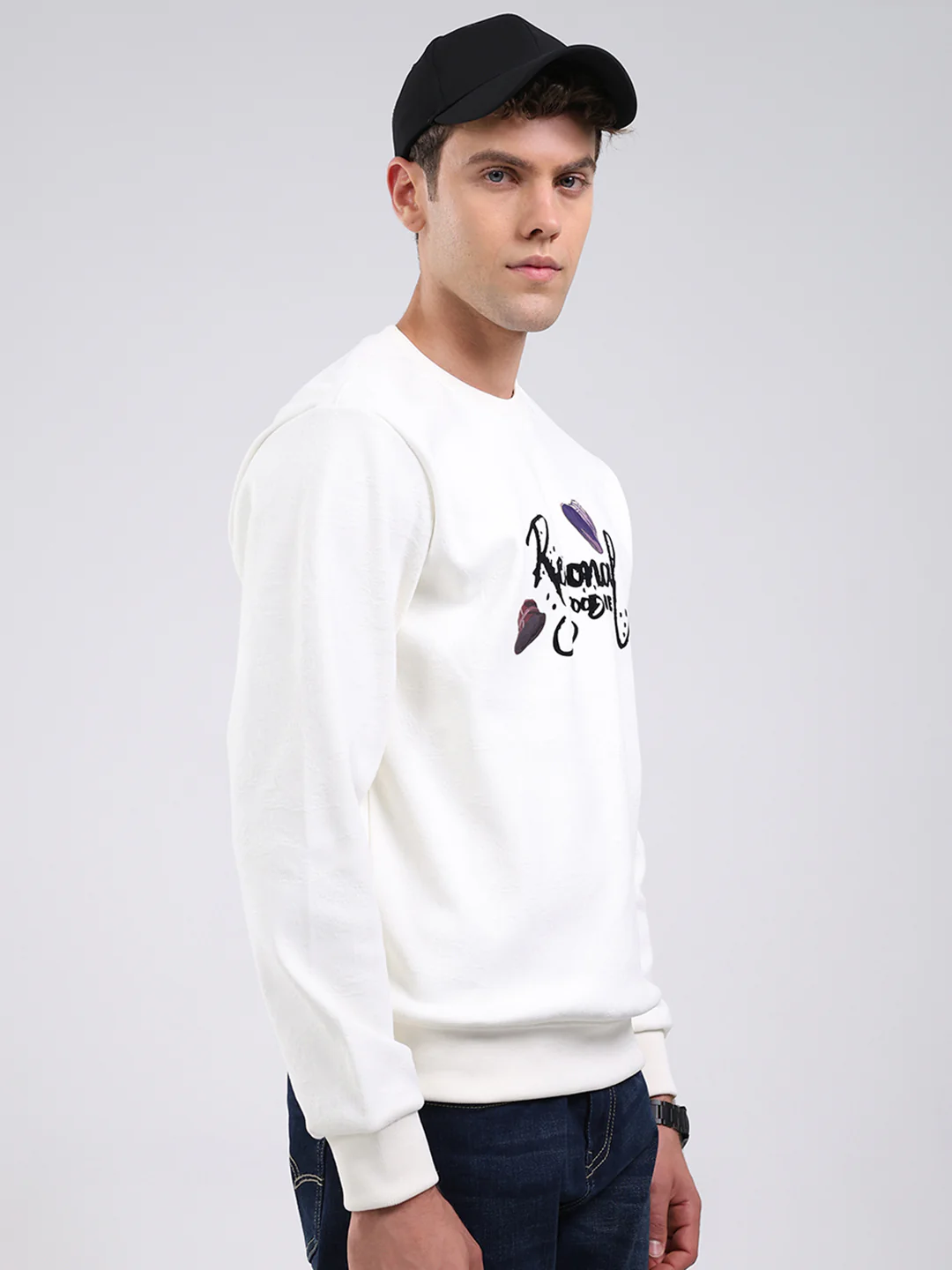 Men Off White Printed Round Neck Full Sleeve Sweatshirt -Super Soft & Extra Warm (Bonded Fabric) - Image 4