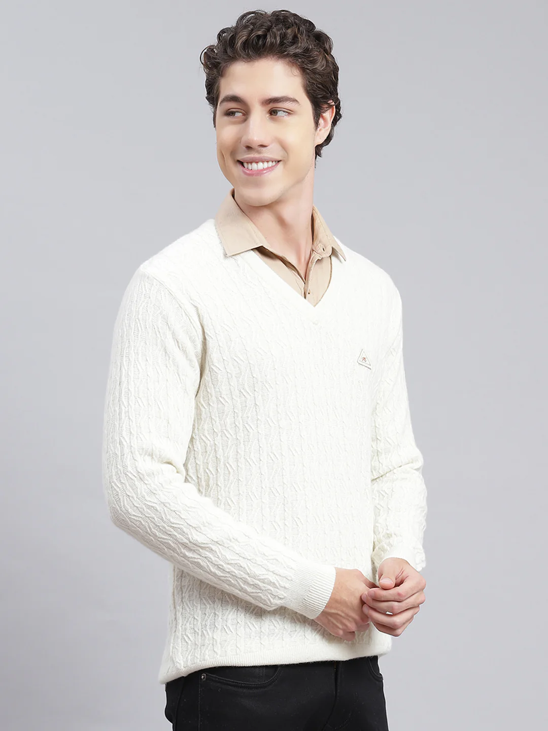 Men Off White Self Design Lamb wool Pullover - Image 3