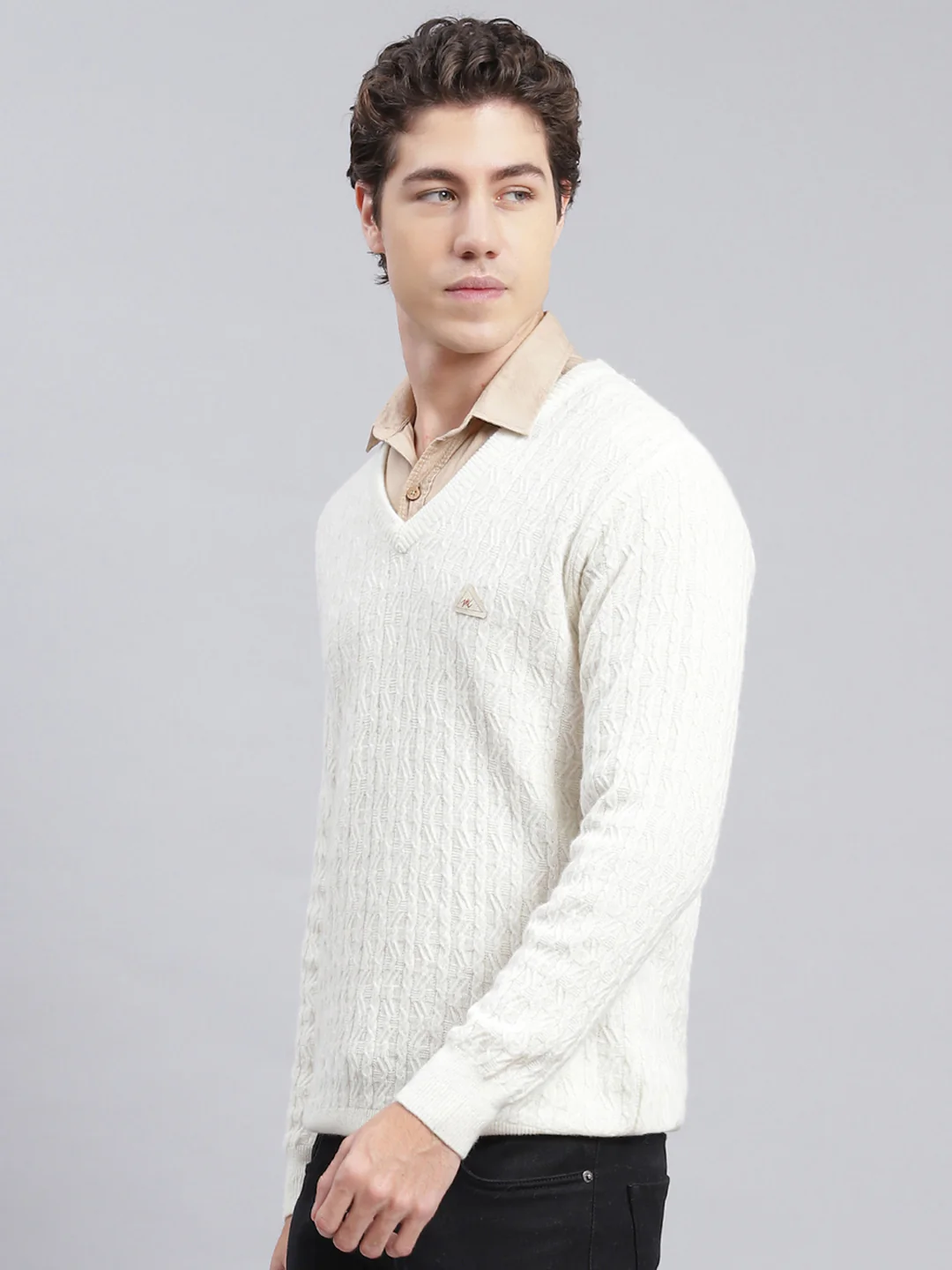 Men Off White Self Design Lamb wool Pullover - Image 4