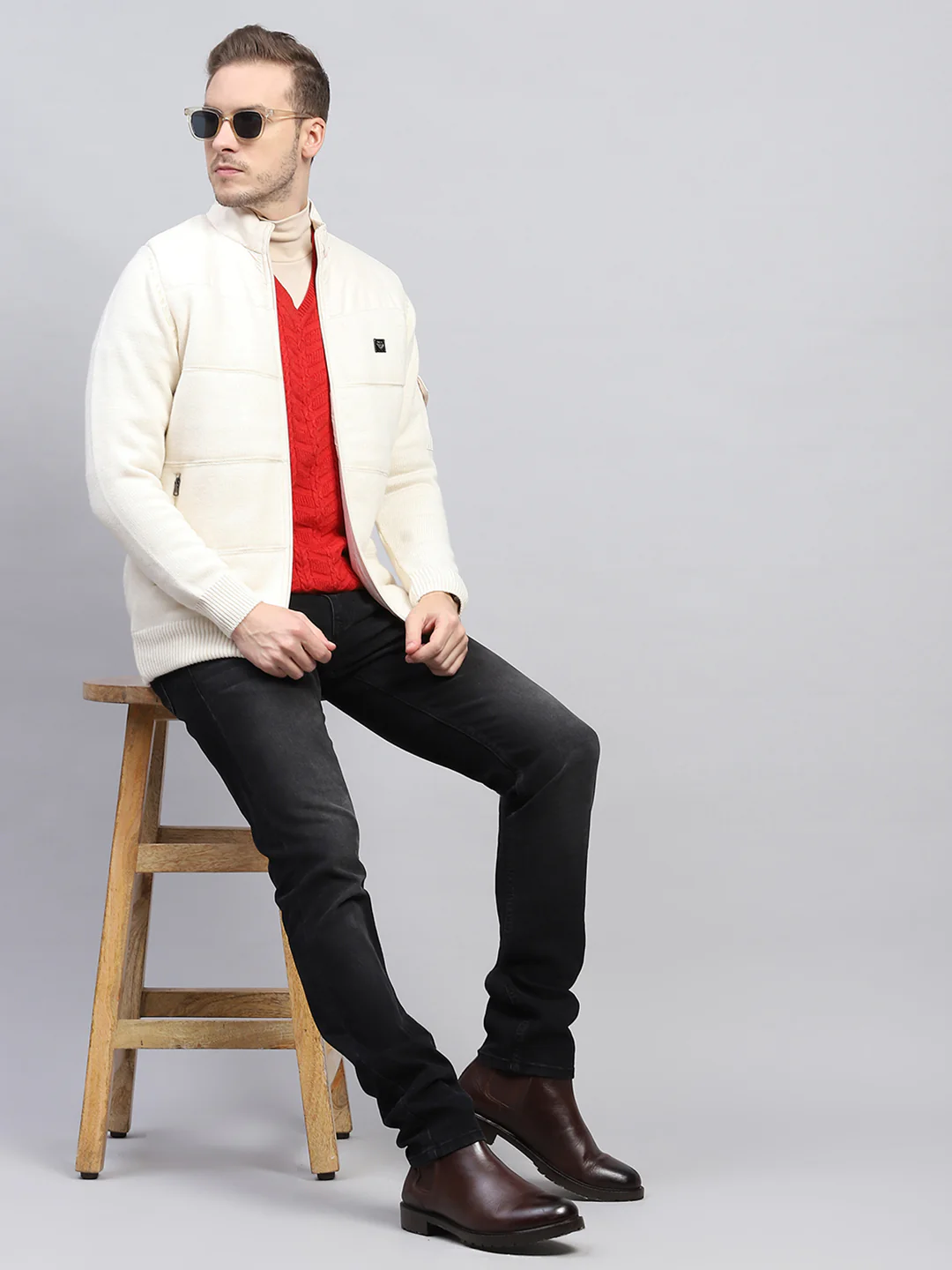 Men Off White Self Design Mock Neck Full Sleeve Jacket - Image 2