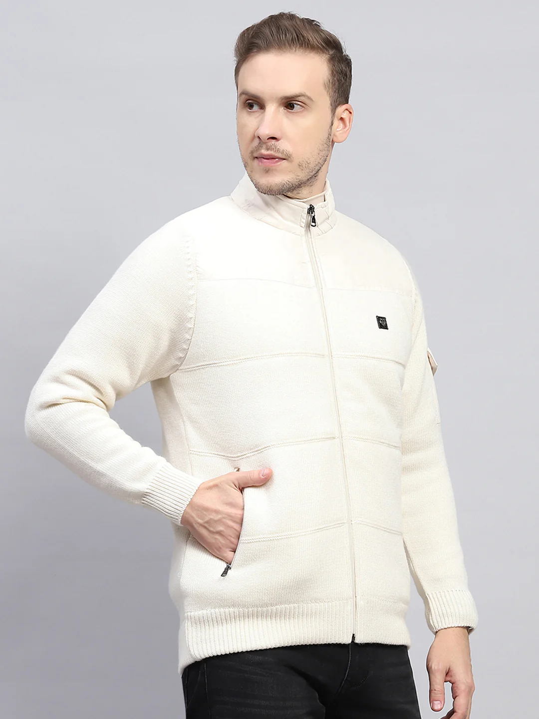 Men Off White Self Design Mock Neck Full Sleeve Jacket - Image 4