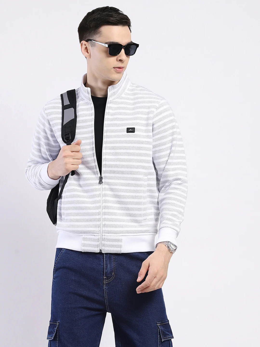 Men Off White Self Design Mock Neck Full Sleeve Sweatshirt - Image 6