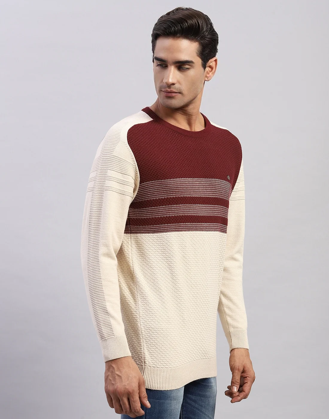 Men Off White Self Design Round Neck Full Sleeve Pullover - Image 4