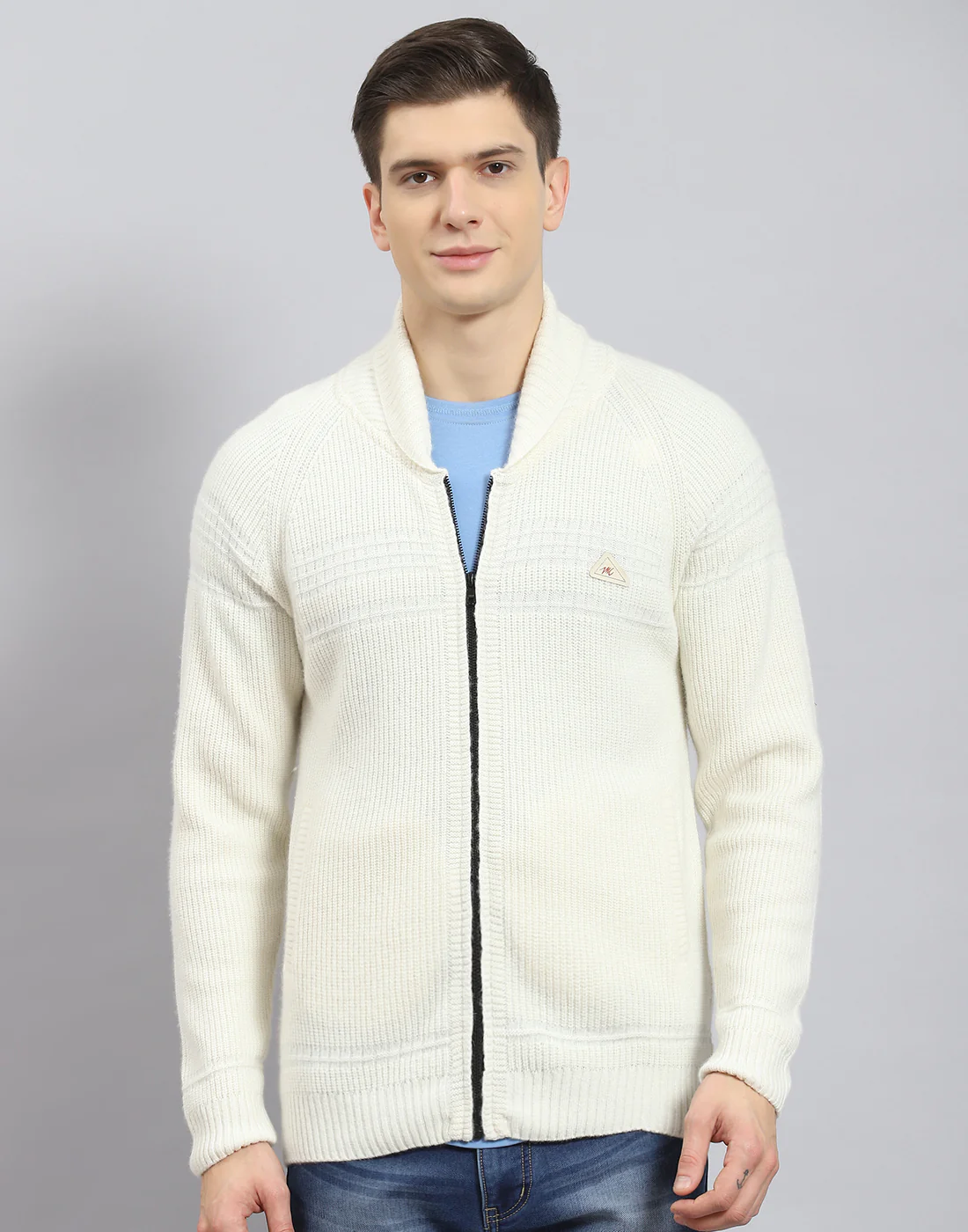 Men Off White Self Design Stand Collar Full Sleeve Sweater - Image 3