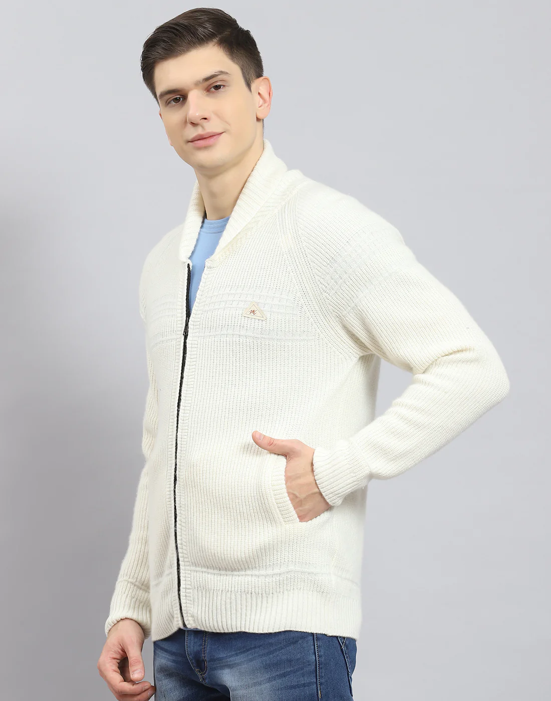 Men Off White Self Design Stand Collar Full Sleeve Sweater - Image 4