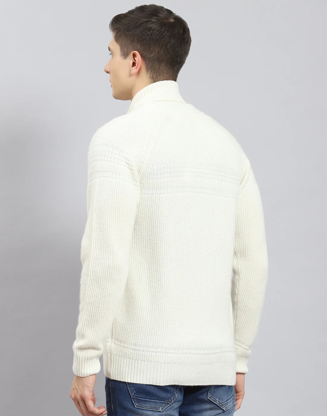 Men Off White Self Design Stand Collar Full Sleeve Sweater - Image 7