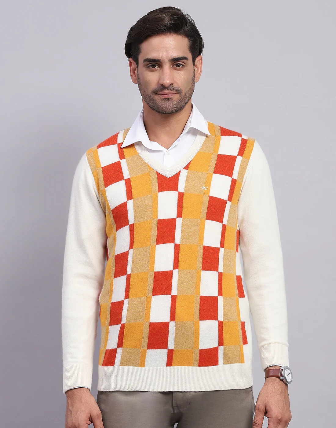 Men Off White Self Design V Neck Full Sleeve Pullover - Image 2
