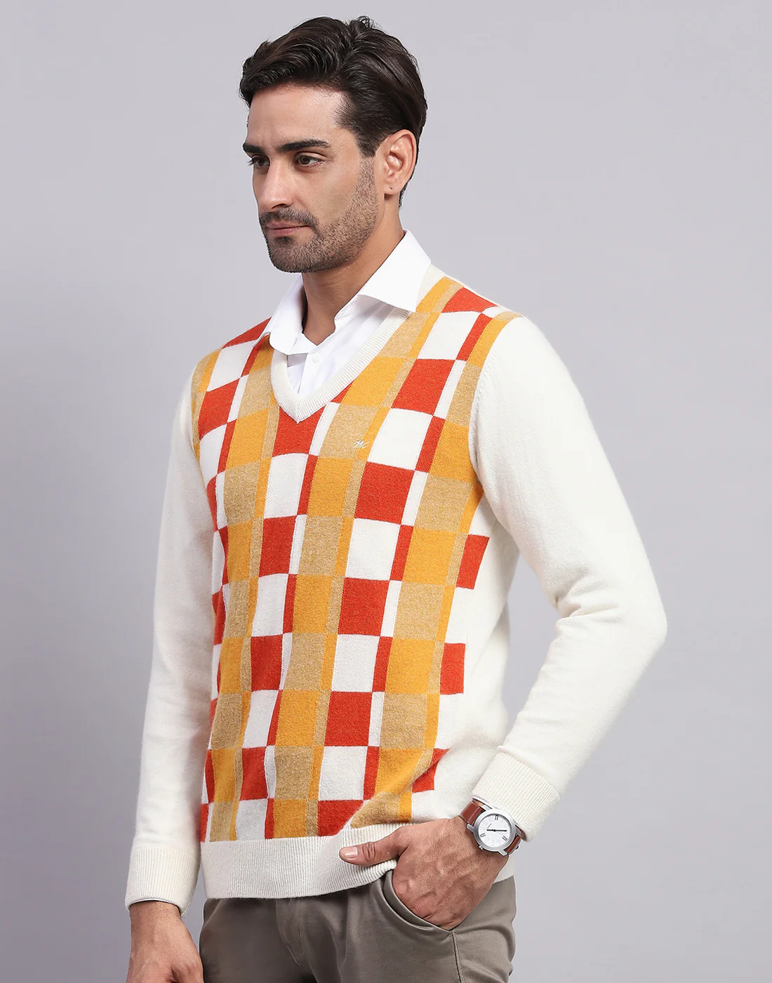 Men Off White Self Design V Neck Full Sleeve Pullover - Image 3