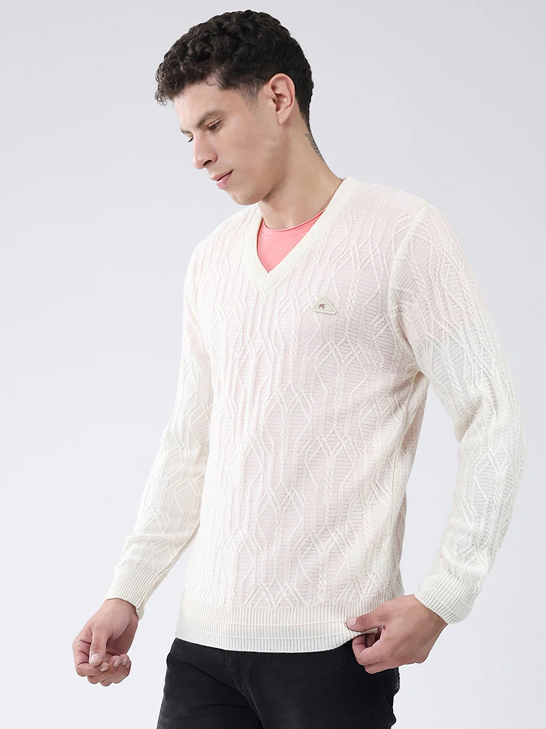 Men Off White Self Design V Neck Full Sleeve Pullover - Image 3