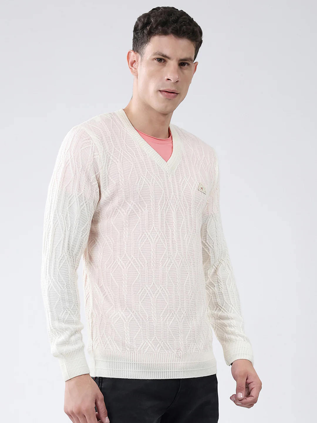 Men Off White Self Design V Neck Full Sleeve Pullover - Image 4