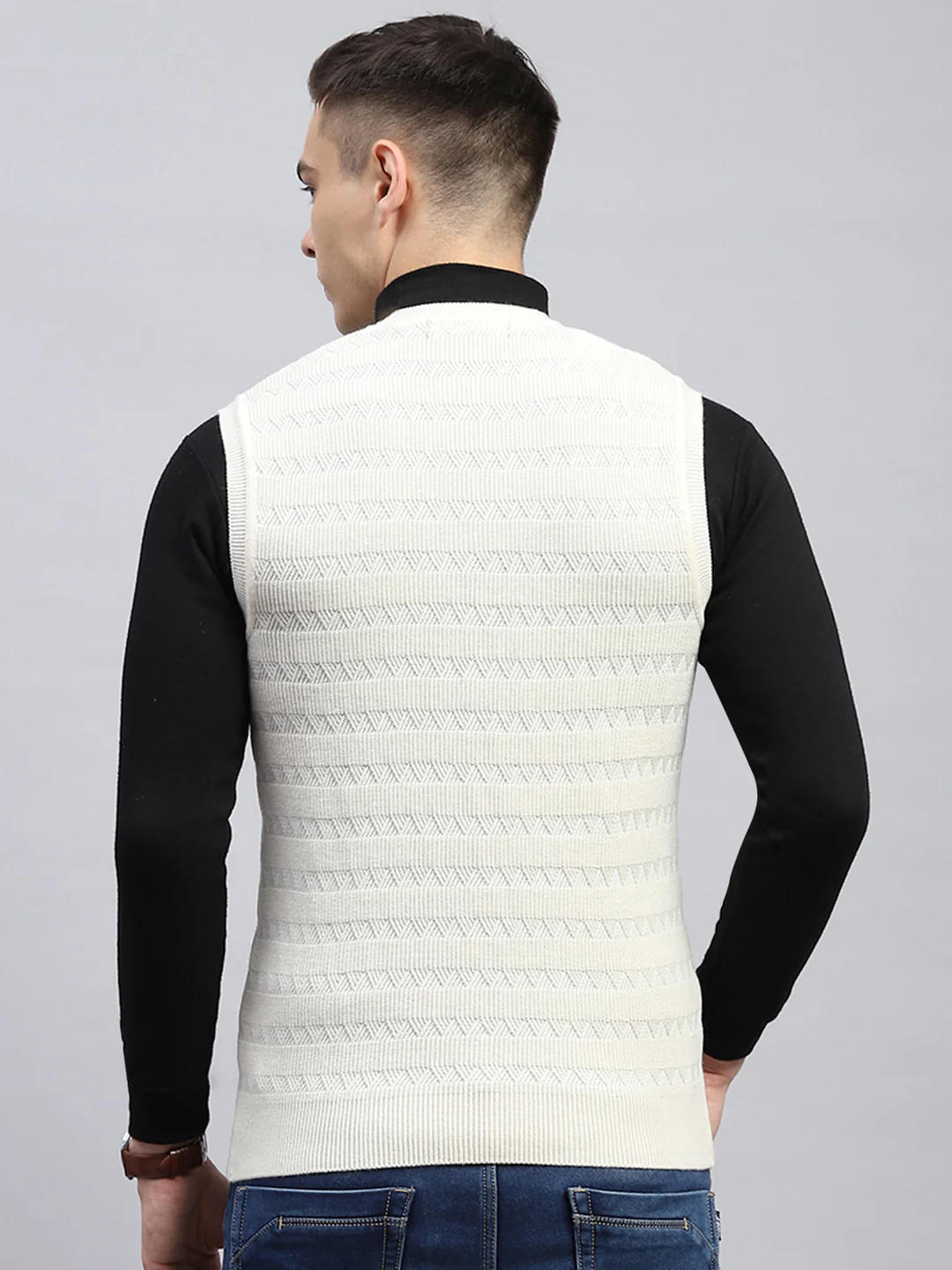Men Off White Self Design V Neck Sleeveless Sweater - Image 5