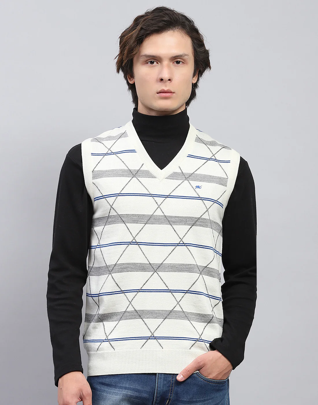Men Off White Self Design V Neck Sleeveless Sweater - Image 2
