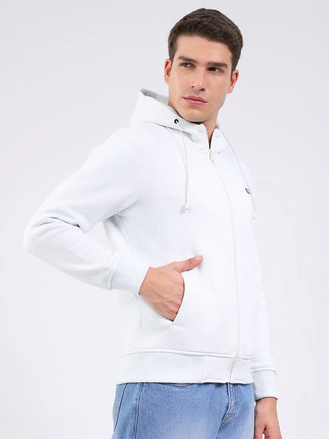 Men Off White Solid Hooded Full Sleeve Sweatshirt - Image 4