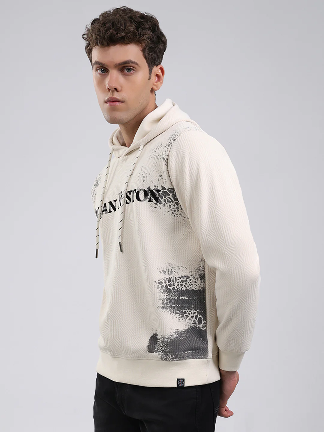Men Off White Solid Hooded Full Sleeve Sweatshirt - Image 3